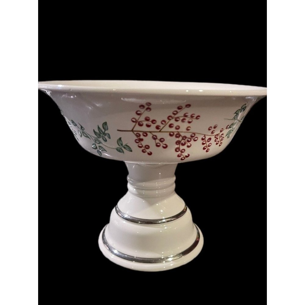 Holly Berries Holiday Ceramic Candle Pedestal Candy Dish Bath & Body Works 6 In - Picture 4 of 4